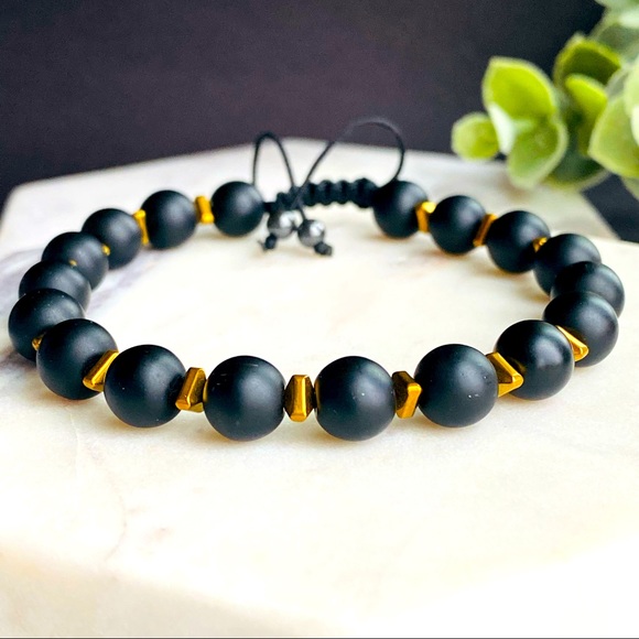 Men Matte Onyx Bracelet 8mm round beads Adjustable Cord Macrame - Picture 2 of 5